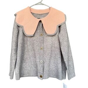 Peter Pan Collar Cardigan Sweater Womens XL Gray Pink Button Front Knit Cute